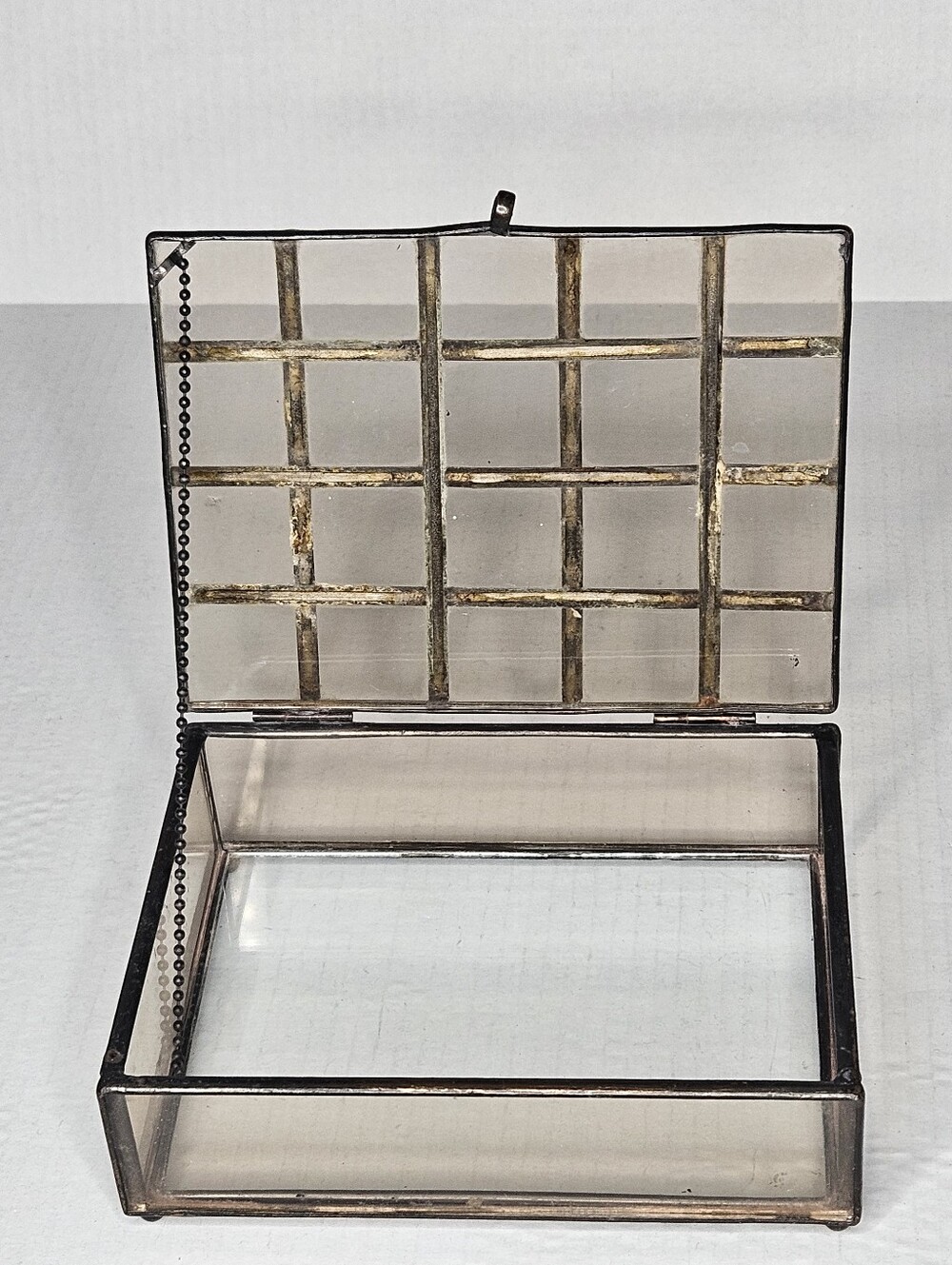 Vintage Beveled Glass and Metal Jewery/ Trinket Box Partitioned Grid Lid Hinged